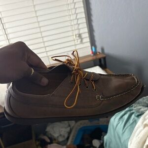 J. Crew Tan Leather camp Shoes with Yellow Laces